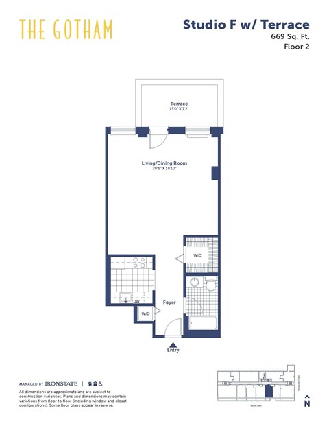 Floor plan for studio, 1 bath, 669 sqft